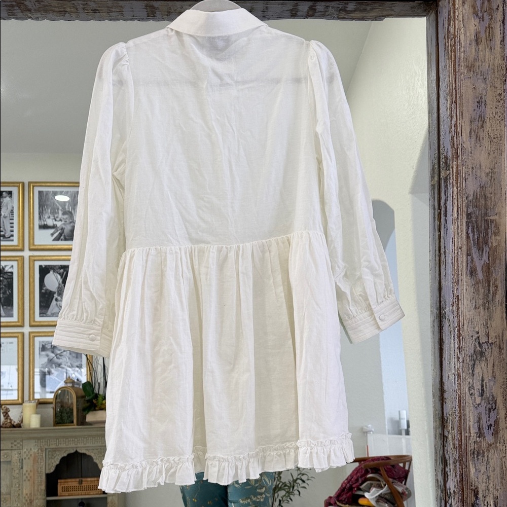 Chic White Button-Up Linen Blend Long Sleeve Mini Dress - Picture 6 of 7